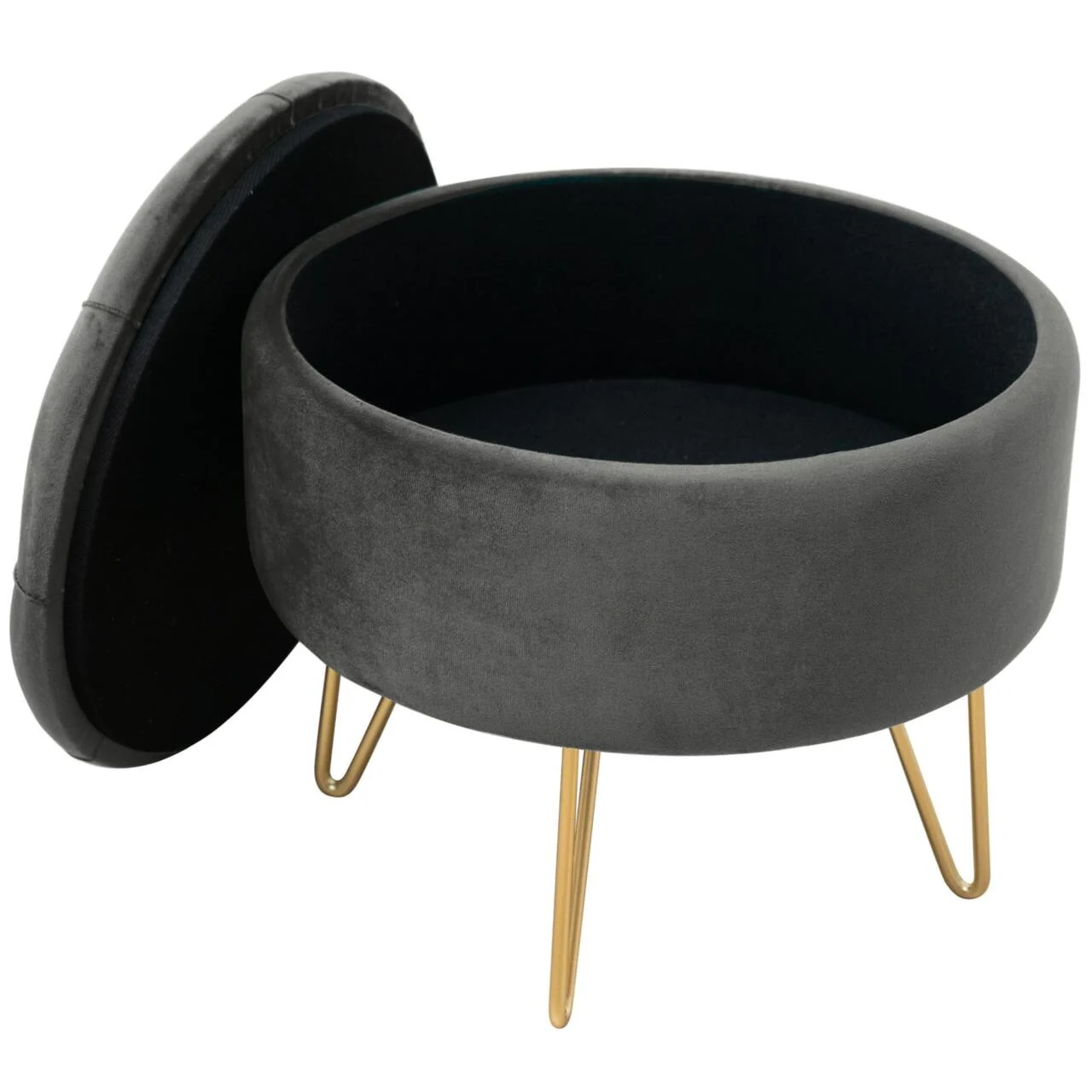 Taburet, rotund, cu spatiu depozitare, catifea, gri grafit, max 80 kg, 38x33 cm, Caro, Akord 1 Taburet, rotund, cu spatiu depozitare, catifea, gri grafit, max 80 kg, 38x33 cm, Caro, Akord