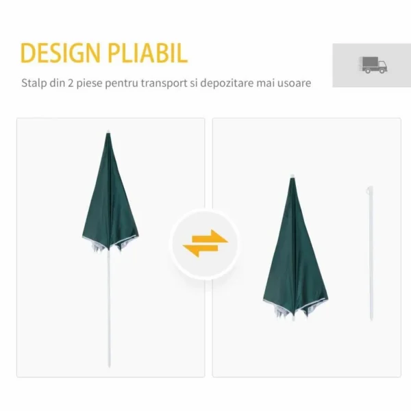 Umbrela plaja cu parasolar, 2 contragreutati, verde inchis, 200 cm - imagine 7