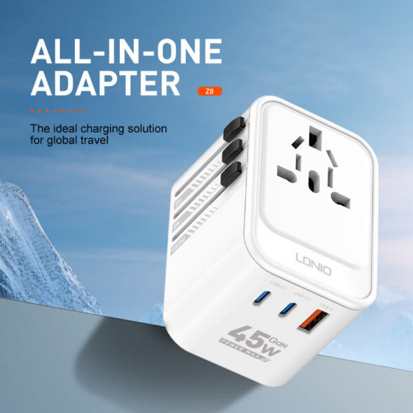 Adaptor priza international GaN LDNIO Z8, 1XUSB, 2XUSB-C, Incarcare rapida, 45W - imagine 2