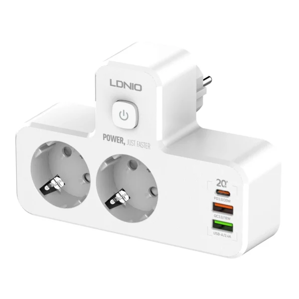 Adaptor priza LDNIO SE2337, 2 prize, 2 X USB-A, 1X USB-C, incarcare rapida QC 3.0, 10A - imagine 1