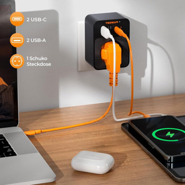 Adaptor Tessan TS-FW01DE00, 2XUSB-C, 2XUSB A, 30 W, 16A - imagine 2