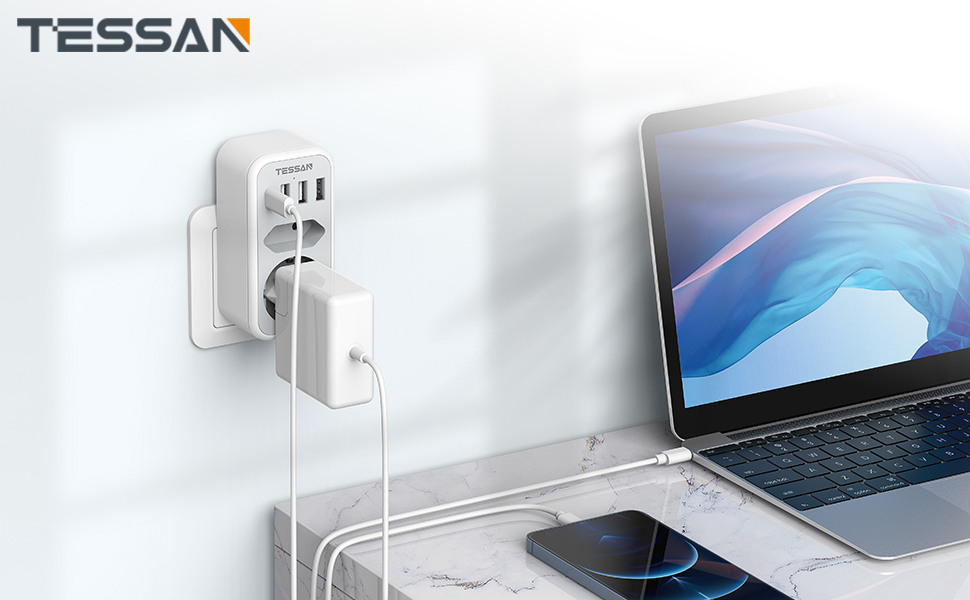 Priza Multipla Tessan TS-328, 2 Prize, 1 port USB-C, 3 Porturi USB, 240 V, Alb , 3600W 1 Priza Multipla Tessan TS-328, 2 Prize, 1 port USB-C, 3 Porturi USB, 240 V, Alb , 3600W