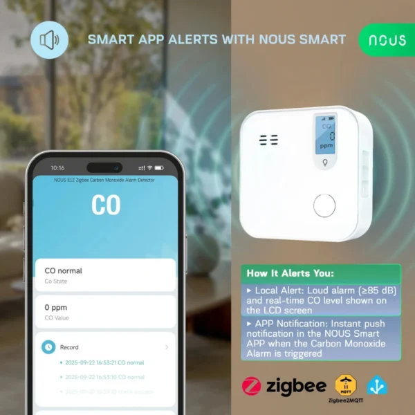 Detector Smart Monoxid de Carbon NOUS E12 Zigbee, Senzor Electrochimic, Alarma ,  85,  dB, Monitorizare CO (ppm), Zigbee 3.0, Montaj pe perete - imagine 5