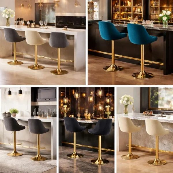 Scaun de bucatarie/bar, Artool, Kast, rotativ, catifea neagra, picior metal auriu, 45.5x49x85-105 cm - imagine 8