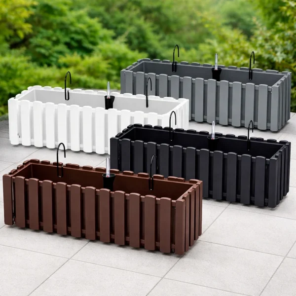 Set 2 jardiniere decorative cu suport metalic, sistem irigare,​​​​​​​ alb, 58x18x16.2 cm, Boardee Fencycase W - imagine 10