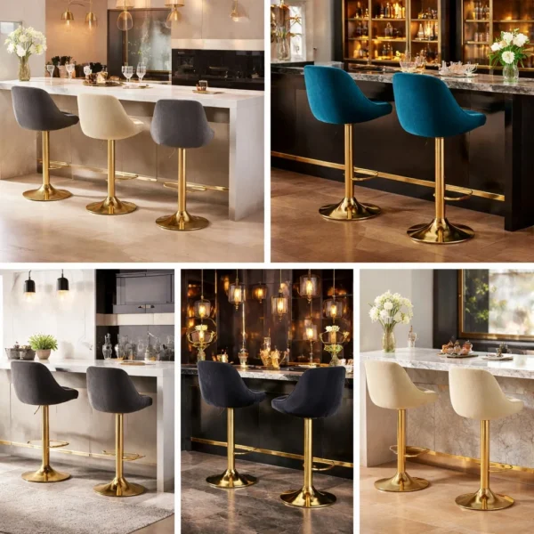 Scaun de bucatarie/bar, Artool, Kast, rotativ, catifea bej, picior metal auriu, 45.5x49x85-105 cm - imagine 13