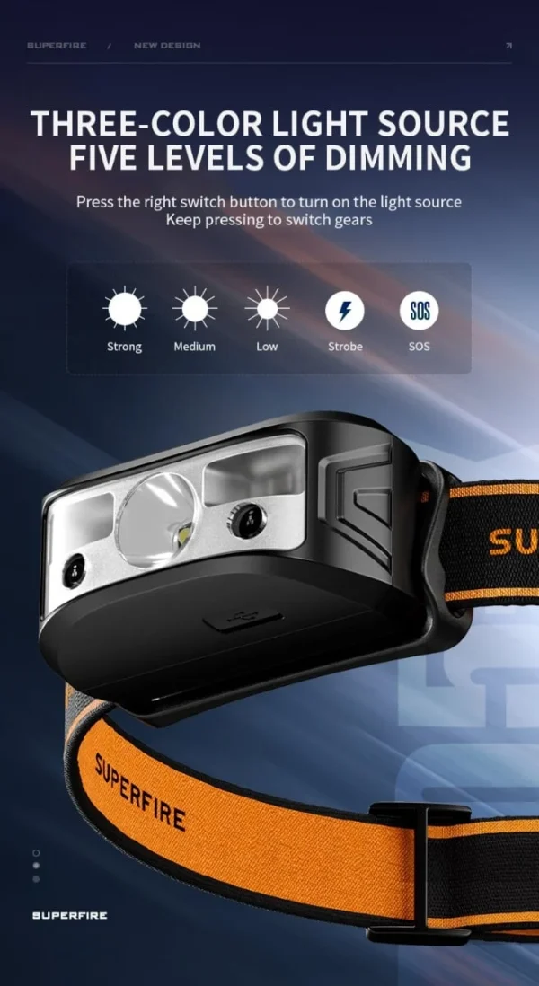 Lanterna LED pentru cap Superfire HL05-K, 120lm, 100m, 500mAh, Lumina rosie, control miscare - imagine 5