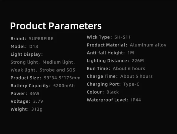 Lanterna LED Superfire D18, 2000lm, 226M, 5200mAh, incarcare USB-C, 36W - imagine 5