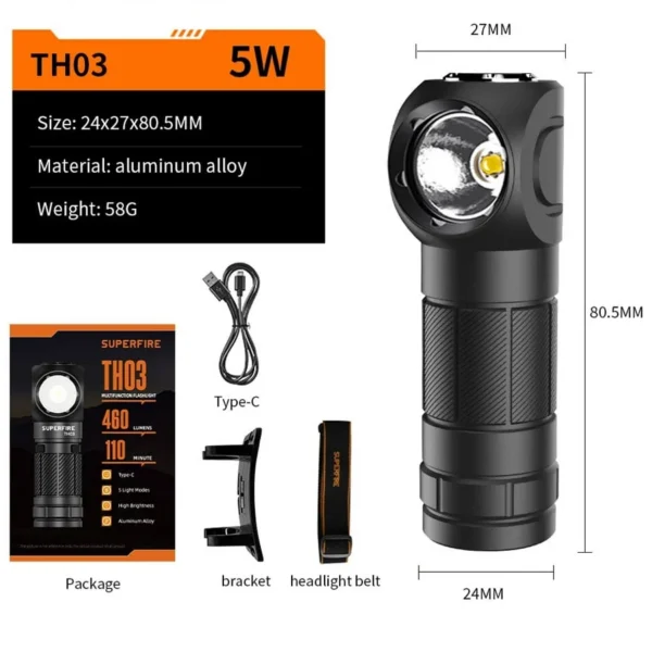 Lanterna Multifunctionala LED Superfire TH03, USB, 460lm, 104m, incarcare USB-C, suport cap, prindere magnetica - imagine 2