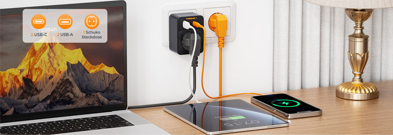 Adaptor Tessan TS-FW01DE00, 2XUSB-C, 2XUSB A, 30 W, 16A 1 Adaptor Tessan TS-FW01DE00, 2XUSB-C, 2XUSB A, 30 W, 16A