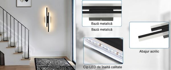 Aplica de perete LED Rovo 1289-48, 48CM, 16W, Lumina alb rece 6500 K, Neagra - imagine 8