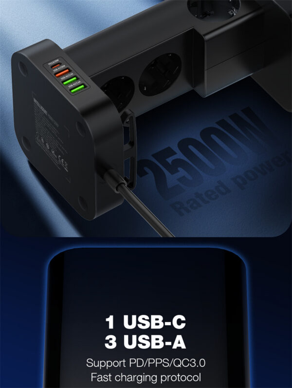 Prelungitor Tip Turn LDNIO SEW4485, Incarcator wireless,  3 prize, 3 X USB-A, 1 X USB-C, Incarcare rapida QC 3.0, 32W, 2m - imagine 6