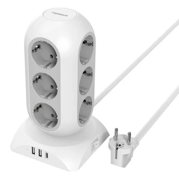 Prelungitor tip Turn Tessan TPS02-DE-C, 12 prize, 2XUSB 3A, 1XUSB-C, cablu 2m - imagine 1