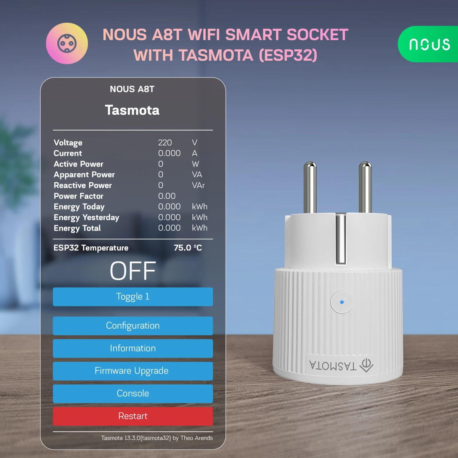 Priza Inteligenta WiFi NOUS A8T, 10A – Tasmota, ESP32