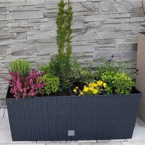 Set 2 jardiniere decorative, sistem irigare, imitatie ratan, antracit, 30 L, 60x25x24 cm, Rato Case - imagine 6