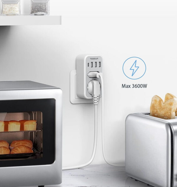 Priza Multipla Tessan TS-328, 2 Prize, 1 port USB-C, 3 Porturi USB, 240 V, Alb , 3600W - imagine 5