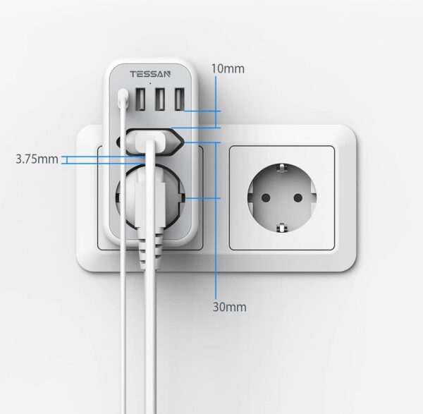 Priza Multipla Tessan TS-328, 2 Prize, 1 port USB-C, 3 Porturi USB, 240 V, Alb , 3600W - imagine 4