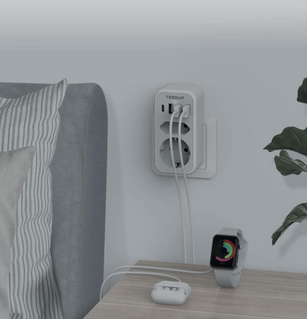 Priza Multipla Tessan TS-328, 2 Prize, 1 port USB-C, 3 Porturi USB, 240 V, Alb , 3600W - imagine 3