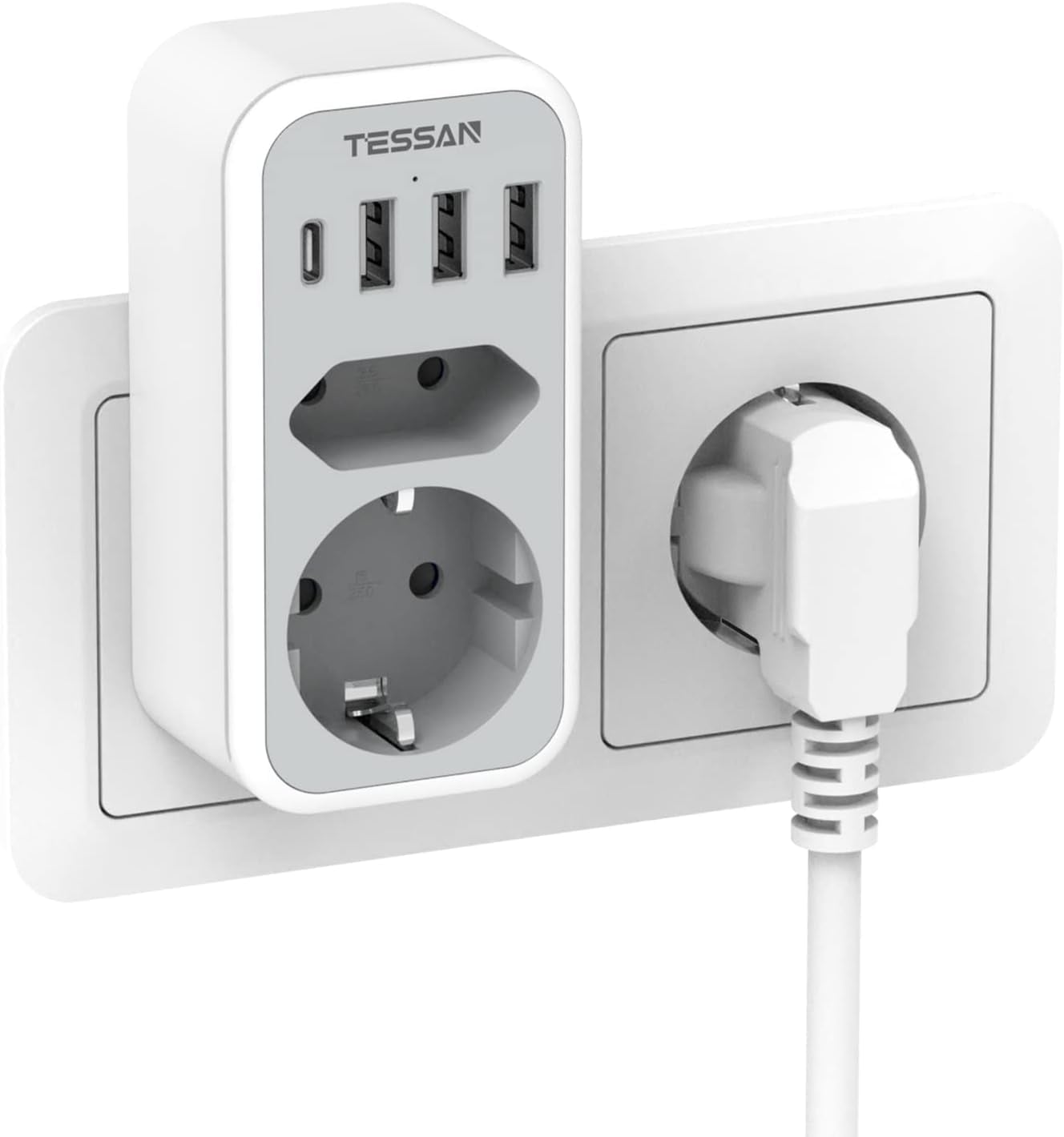 Priza Multipla Tessan TS-328, 2 Prize, 1 port USB-C, 3 Porturi USB, 240 V, Alb , 3600W Priza Multipla Tessan TS-328, 2 Prize, 1 port USB-C, 3 Porturi USB, 240 V, Alb , 3600W - imagine 1
