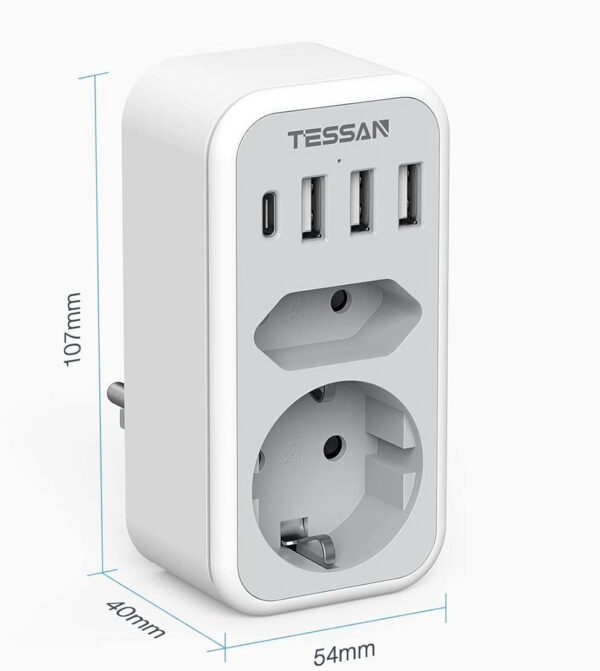 Priza Multipla Tessan TS-328, 2 Prize, 1 port USB-C, 3 Porturi USB, 240 V, Alb , 3600W - imagine 2