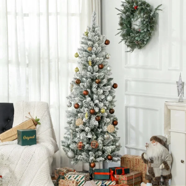 Brad de Craciun 183 cm cu 479 Ramuri Inzapezite, Design Ingust si Inalt cu Baza Rabatabila, Verde - imagine 8