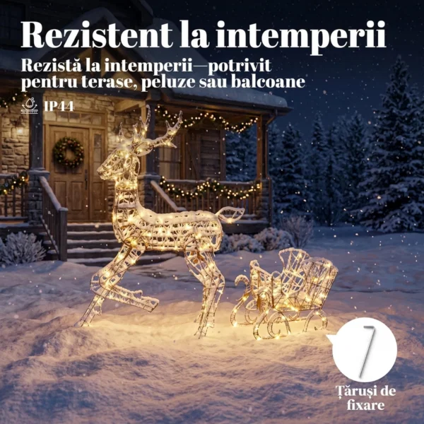 Rena luminoasa de Craciun cu sanie, 175 LED-uri alb cald, 8 moduri de iluminare, timer, IP44, maro - imagine 7
