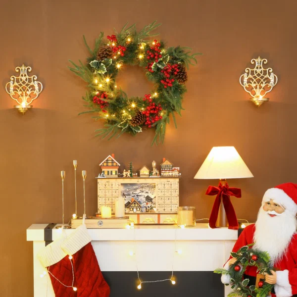Ghirlanda de Craciun de 60 cm cu lumini LED albe, timer, conuri, boabe si frunze de ilex, verde - imagine 2