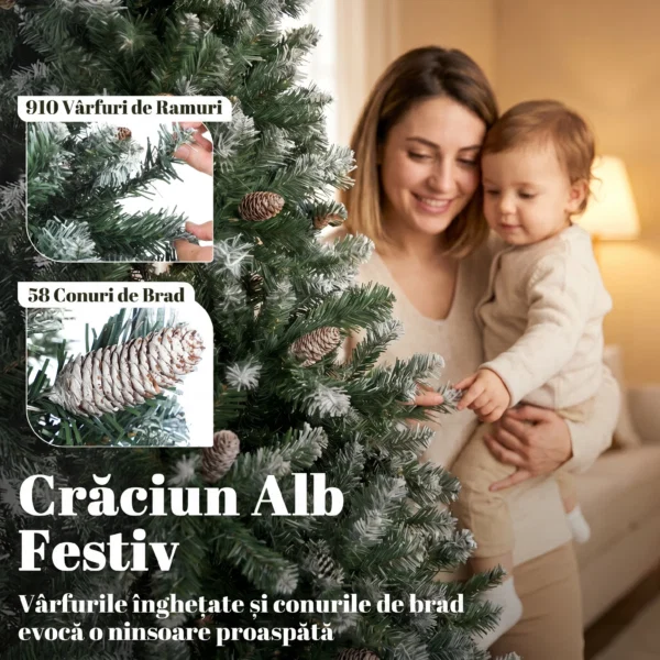 Brad de Craciun inzapezit, inalt de 180 cm, cu 910 ramuri si conuri, baza pliabila din metal, verde - imagine 5