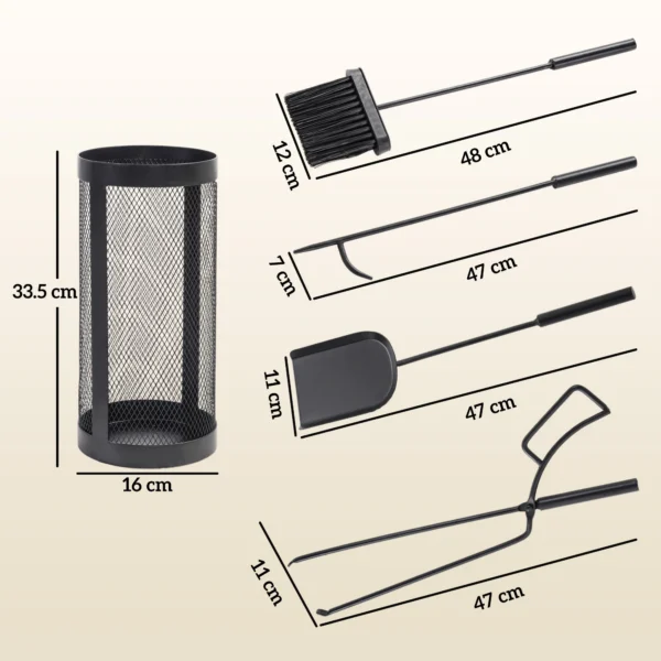 Set de Accesorii pentru Semineu, 5 Piese din Metal, Matura, Lopata, Cleste, Carlig si Cos, Negru - imagine 3