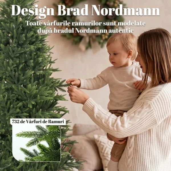 Brad artificial de Craciun 180 cm, aspect realist si bogat, 732 ramuri din PE ignifug, baza pliabila din lemn, verde - imagine 5