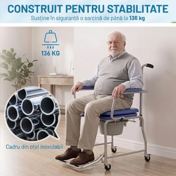 Scaun WC Mobil cu Roti 3 in 1, PU Otel Inoxidabil, Albastru - imagine 7