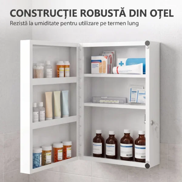 Dulapior de Medicamente de Perete, 6 Compartimente cu 2 Chei, Alb - imagine 6