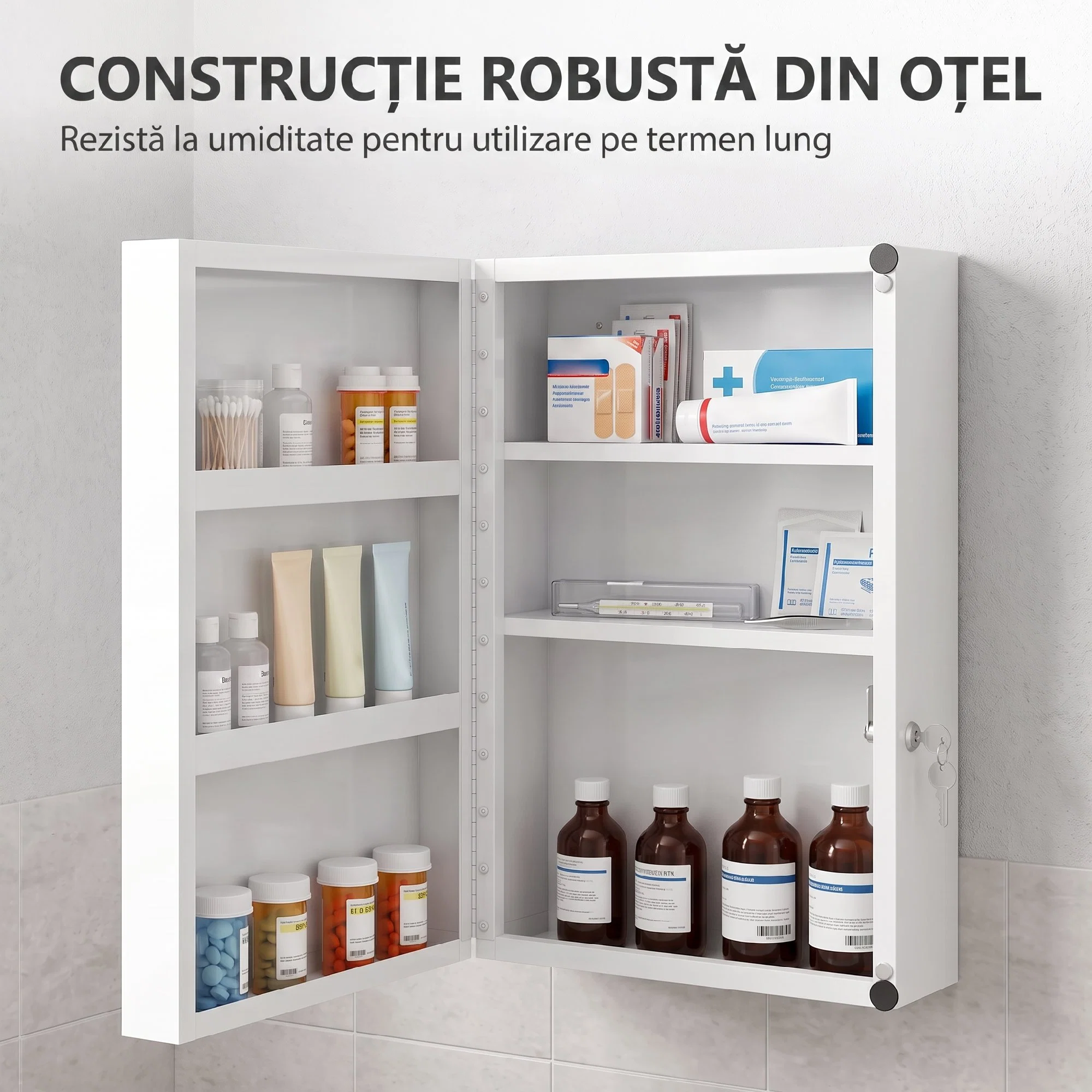 Dulapior de Medicamente de Perete, 6 Compartimente cu 2 Chei, Alb 4 Dulapior de medicamente montat pe perete, cu feroneria de instalare inclusa