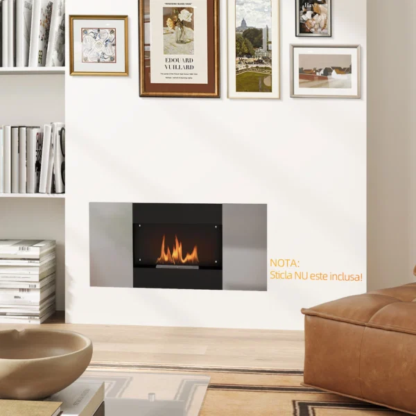Semineu Bioetanol 0,9L de Perete din Otel Inoxidabil, 100x15x54 cm, Negru si Argintiu - imagine 6