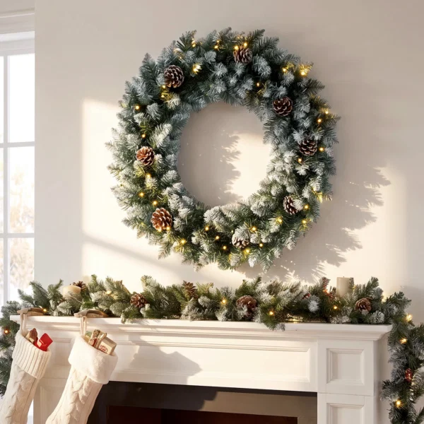 Coronita de Craciun 60 cm cu lumini LED, 8 moduri, 140 ramuri, conuri de pin, verde - imagine 2