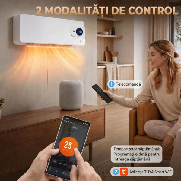 Termoventilator ceramic de perete 2000 W cu control prin aplicatie, 3 moduri, termostat, timer, telecomanda, alb - imagine 4