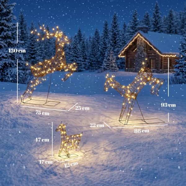 Set 3 reni luminosi de Craciun pentru exterior, 120 cm, 200 LED-uri alb cald, 8 moduri de iluminare, timer, maro - imagine 3