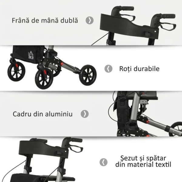 Cadru de mers pliabil din aluminiu, reglabil pe inaltime, cu geanta, 64x67x80-92 cm, negru si argintiu - imagine 6