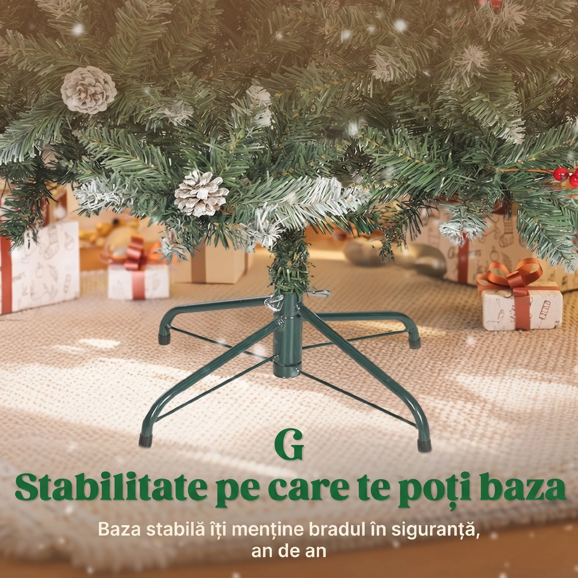 Brad de Craciun Inalt 180 cm de Interior cu 620 Ramuri, Conuri si Boabe Rosii, Baza Metalica, Verde 4 Baza metalica a bradului artificial