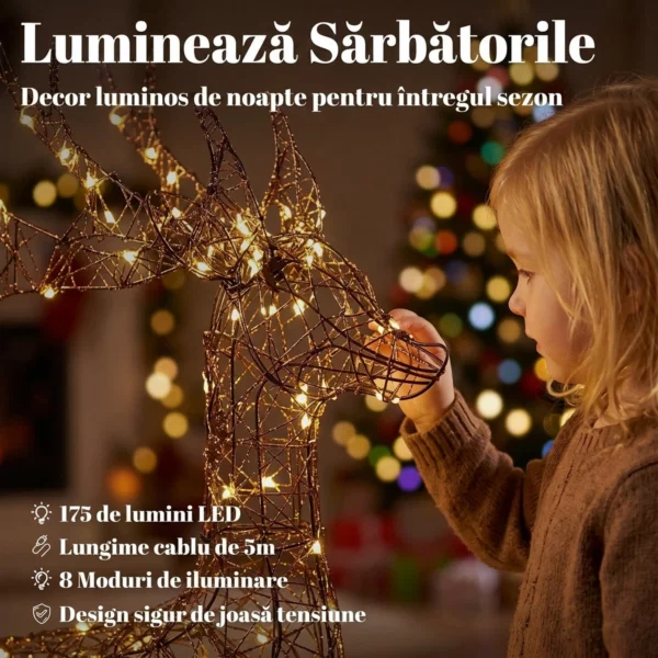 Rena luminoasa de Craciun cu sanie, 175 LED-uri alb cald, 8 moduri de iluminare, timer, IP44, maro - imagine 5