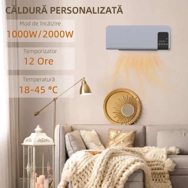 Ventilator Termic de Perete Oscilant cu Telecomanda, Temporizator 12h si 2 Moduri, 54.5x12x21.5 cm, Gri - imagine 3