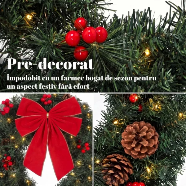 Coronita de Craciun de 60 cm cu Lumini LED, Conuri de Brad si Bobite, Verde - imagine 6