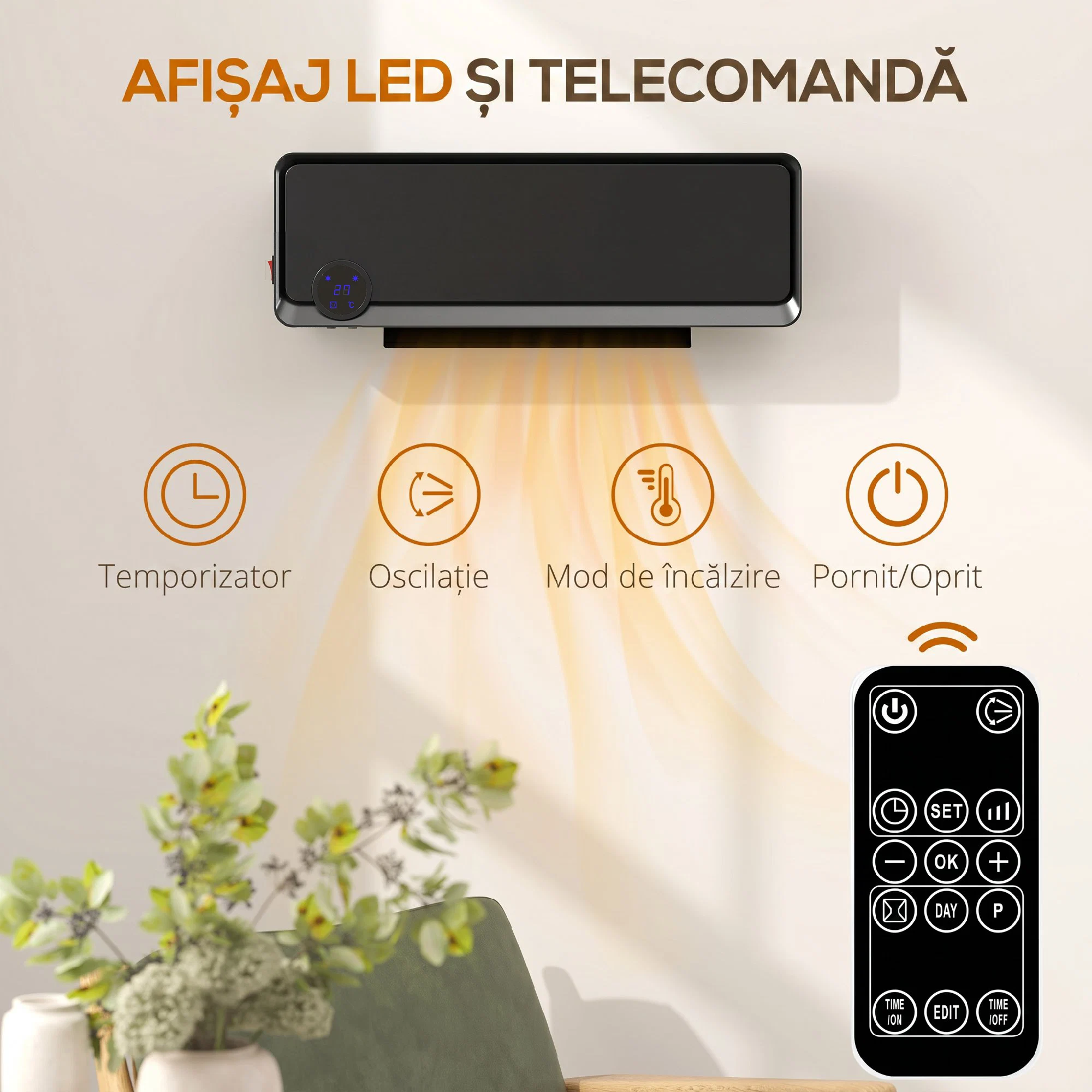 Incalzitor electric de perete cu 3 moduri, Negru 2 Incalzitor de perete cu ecran LED si telecomanda