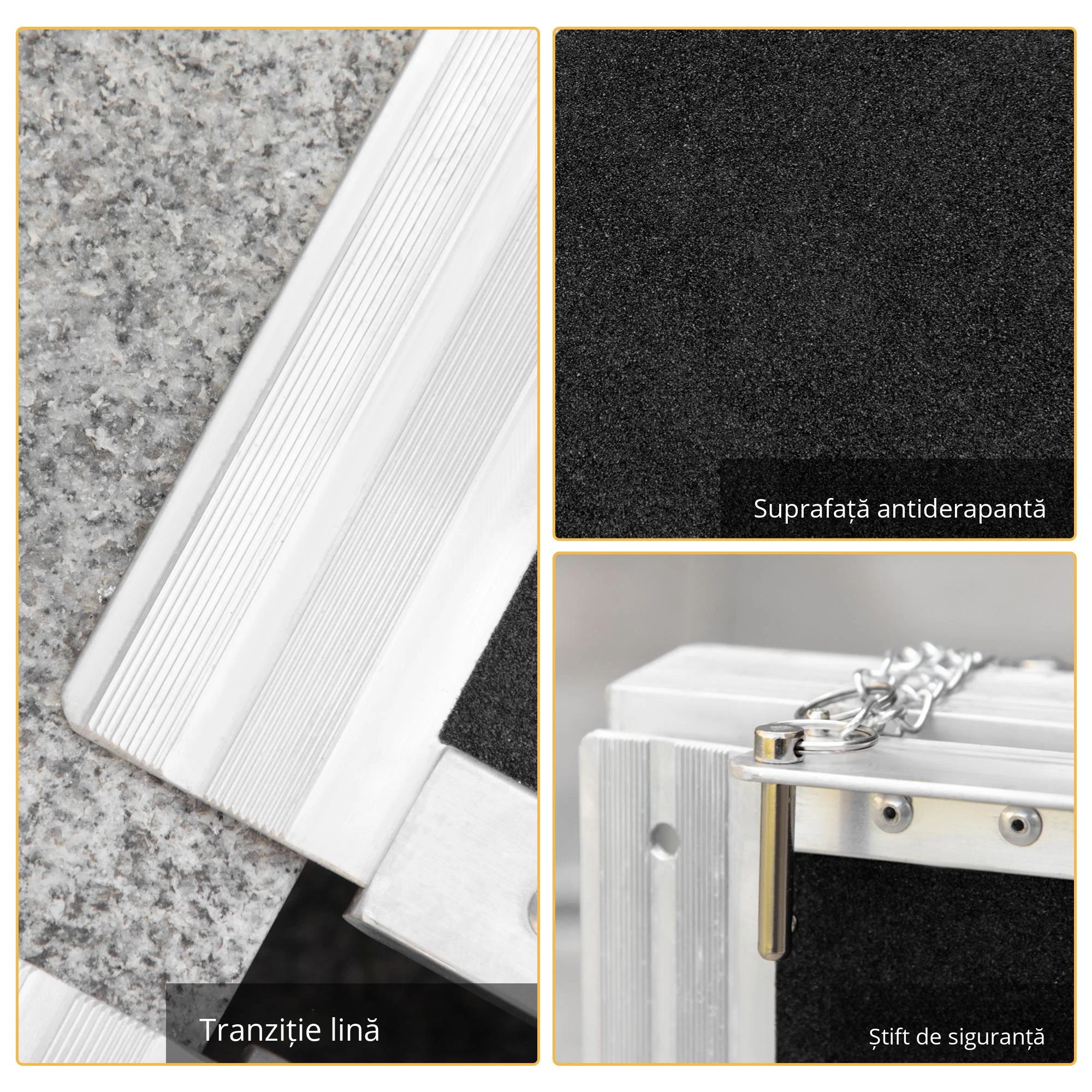 Rampa pliabila pentru scaune cu rotile din aluminiu cu margini inalte antiderapante 2 Detalii ale suprafetei antiderapante si ale marginilor rampei