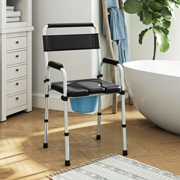 Scaun WC Pliabil si Reglabil cu Brate si Spatar, din Otel si Piele PU, 52.5x46x81.5-97 cm, Negru - imagine 2