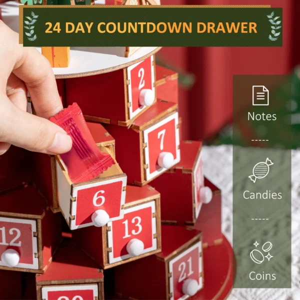 Calendar Advent de Craciun din lemn, cu lumini LED, pentru copii si adulti, rosu si verde - imagine 6