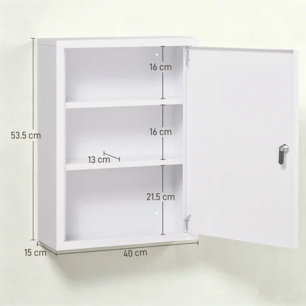 Dulap pentru Medicamente cu 3 Rafturi si Incuietoare cu 2 Chei, din Otel, 40x15x53,5 cm, Alb - imagine 3