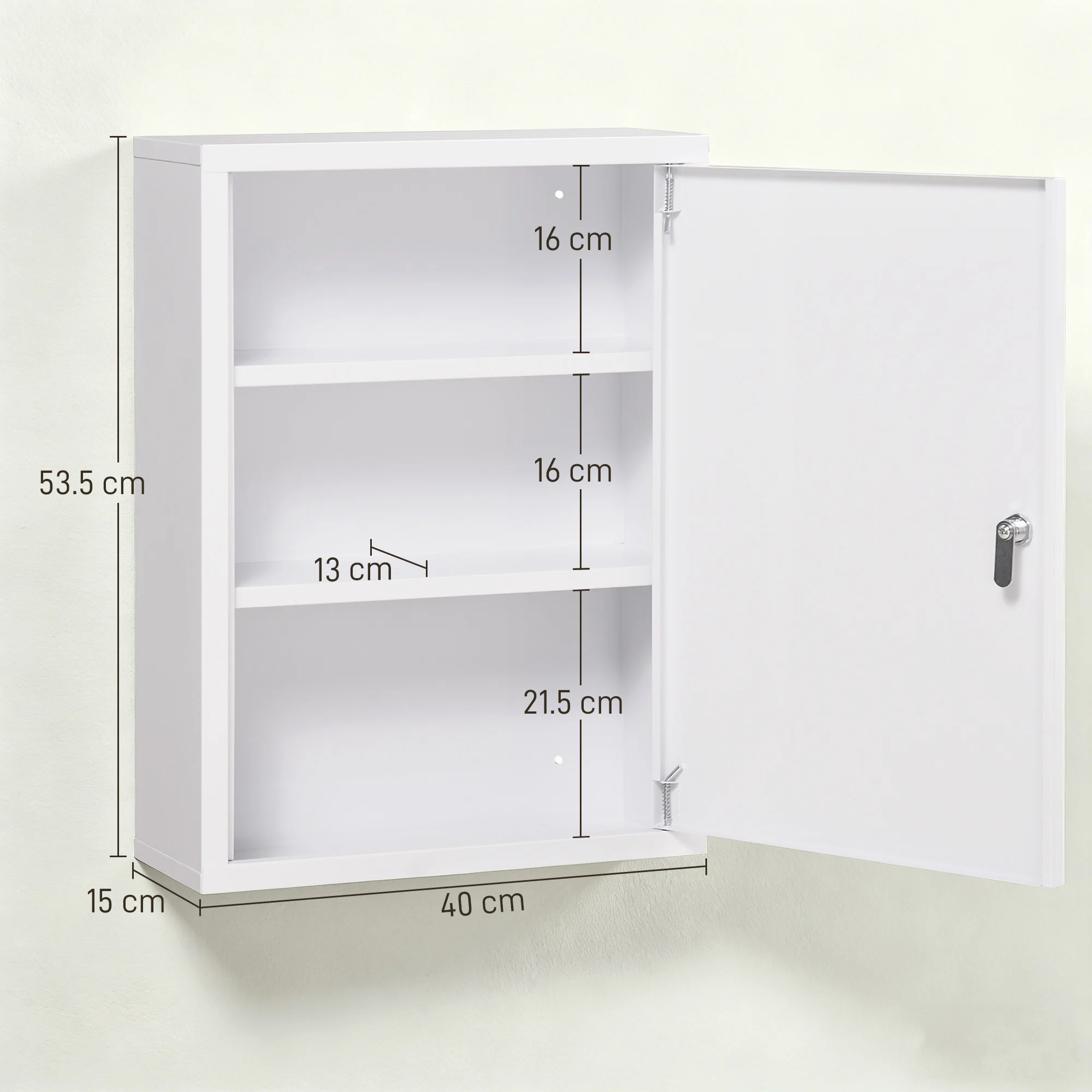 Dulap pentru Medicamente cu 3 Rafturi si Incuietoare cu 2 Chei, din Otel, 40x15x53,5 cm, Alb 3 Dimensiunile dulapului si ale rafturilor interioare