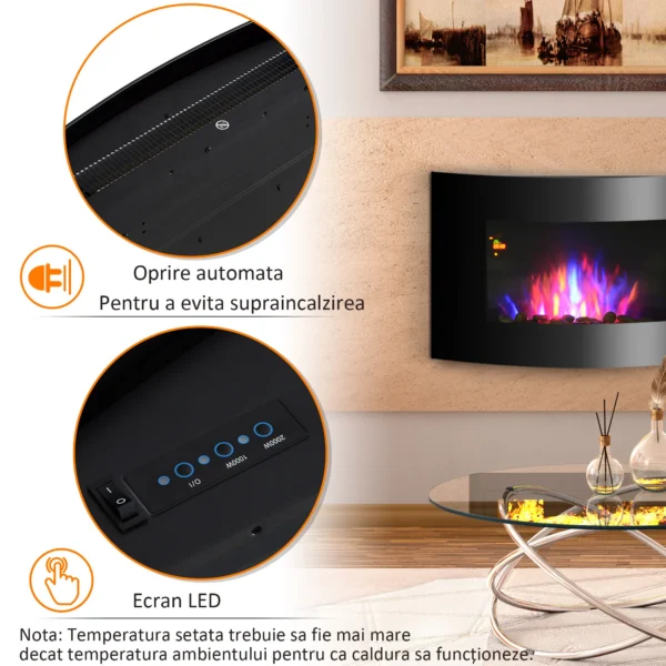 Semineu Electric Aarhus, de Perete, Putere Reglabila 900/1800 W, Telecomanda, Negru - imagine 7