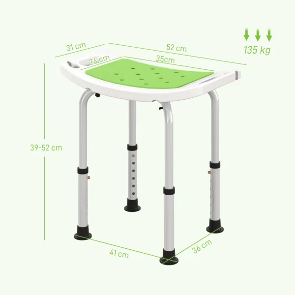 Scaun pentru dus din aluminiu si plastic antiderapant, inaltime reglabila pe 6 nivele, 39-52cm, verde - imagine 3